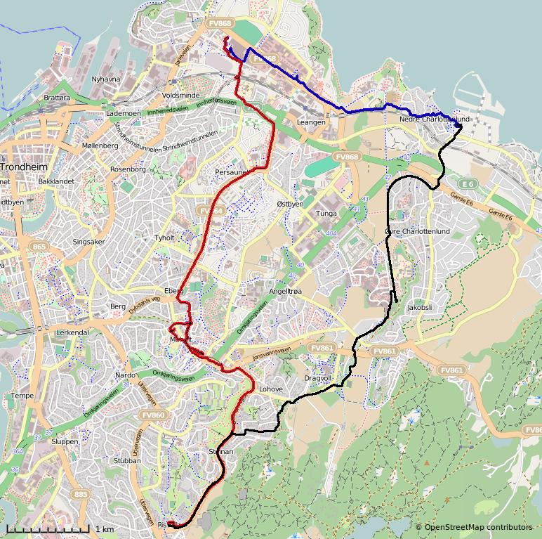 Svart: Grilstad-Risvollan. Rødt: Risvollan-Moholt-Lade. Blått: Lade-Grilstad.